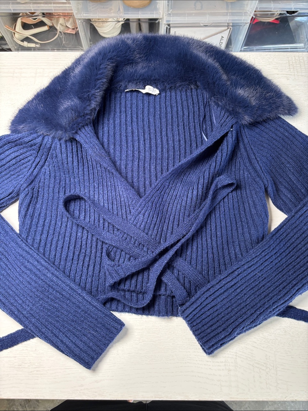 Zara Navy Ribbed Wrap Cardigan with Faux-Fur Collar
